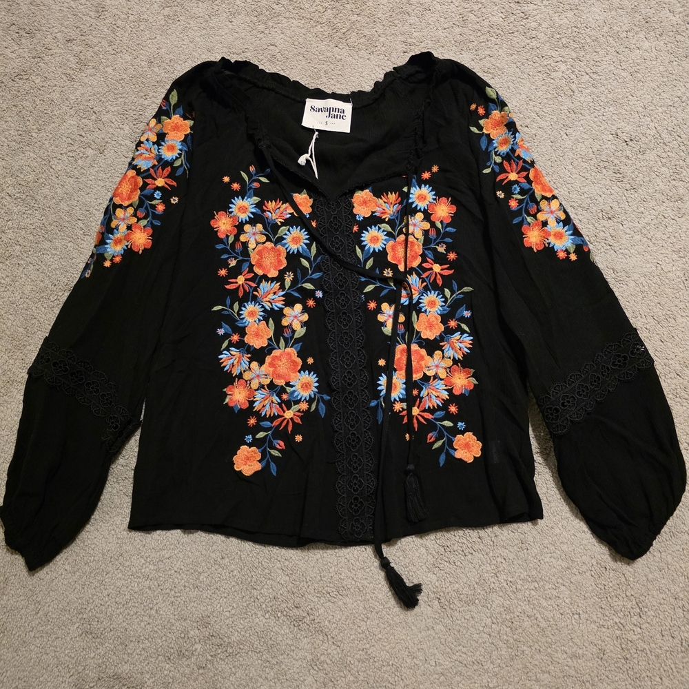 Savanna Jane Black Peasant Blouse with Orange & Blue Floral Embroidery
